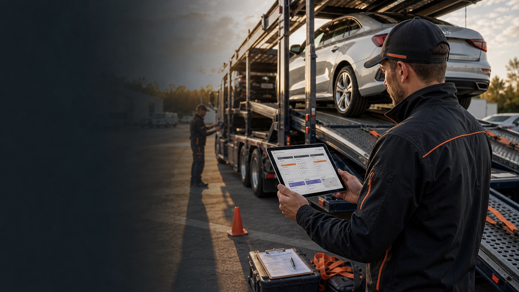 Auto transport carrier reviewing dispatch and route details on a tablet beside a loaded car hauler