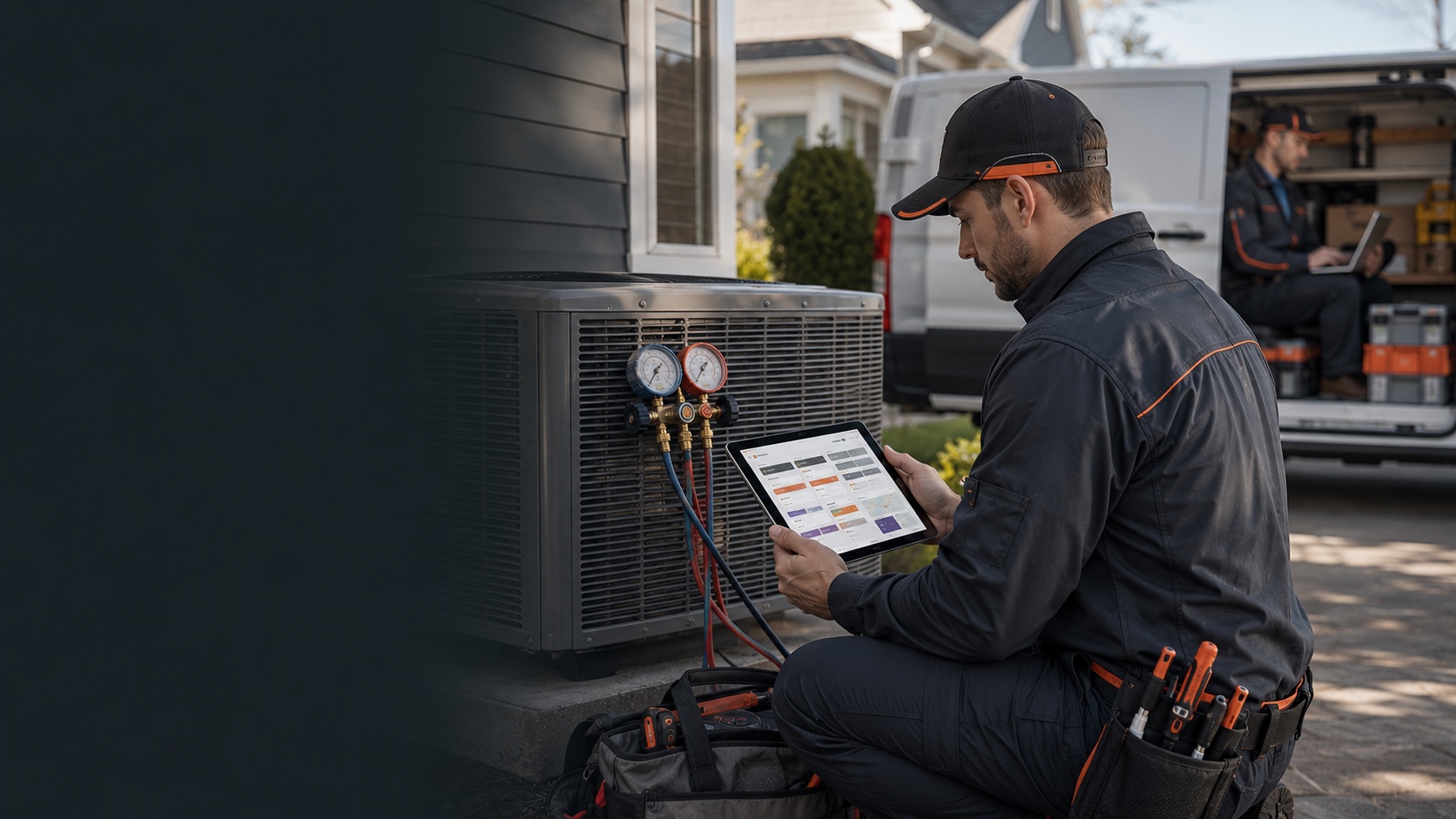 HVAC technician checking a service dispatch tablet beside an outdoor condenser unit