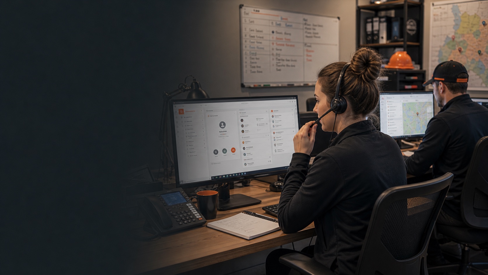 Service business support team answering calls with Joby CRM call routing and lead details on screen