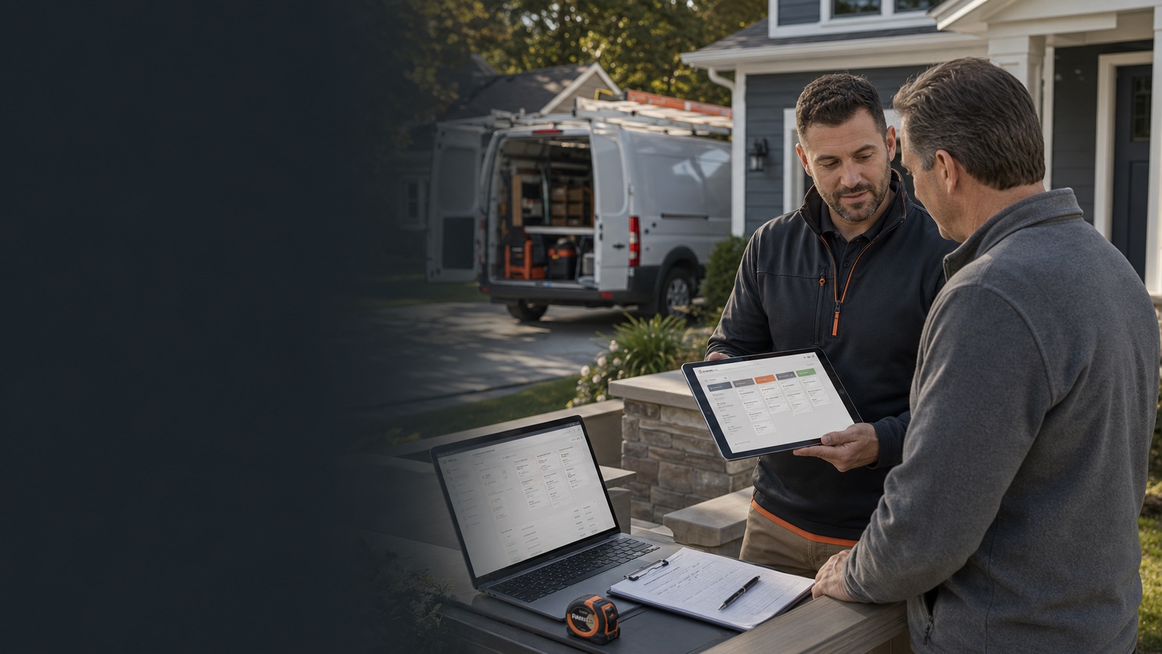 Home service estimator reviewing Joby CRM sales pipeline with a customer outside a home